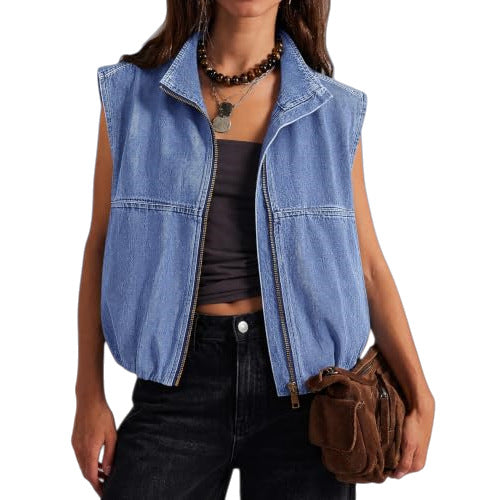 New Womens Zip-up Lapel Sleeveless Denim Vest