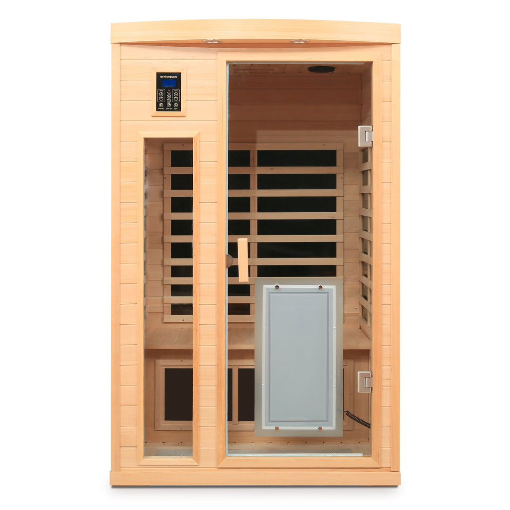 Low EMF Hemlock Wood Far-Infrared Two-Person Sauna Room with Bluetooth – Natural Finish