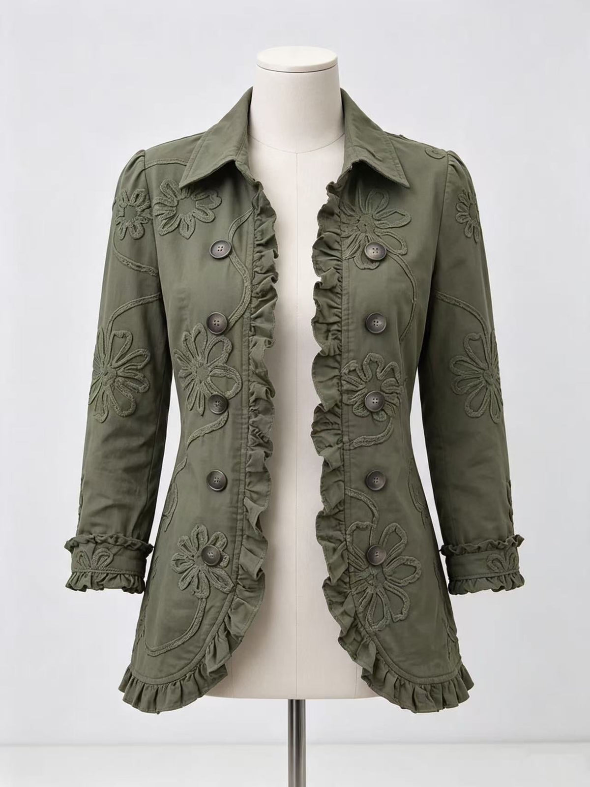 Floral Embroidered Ruffle Trim Double-Breasted Boho Cardigans