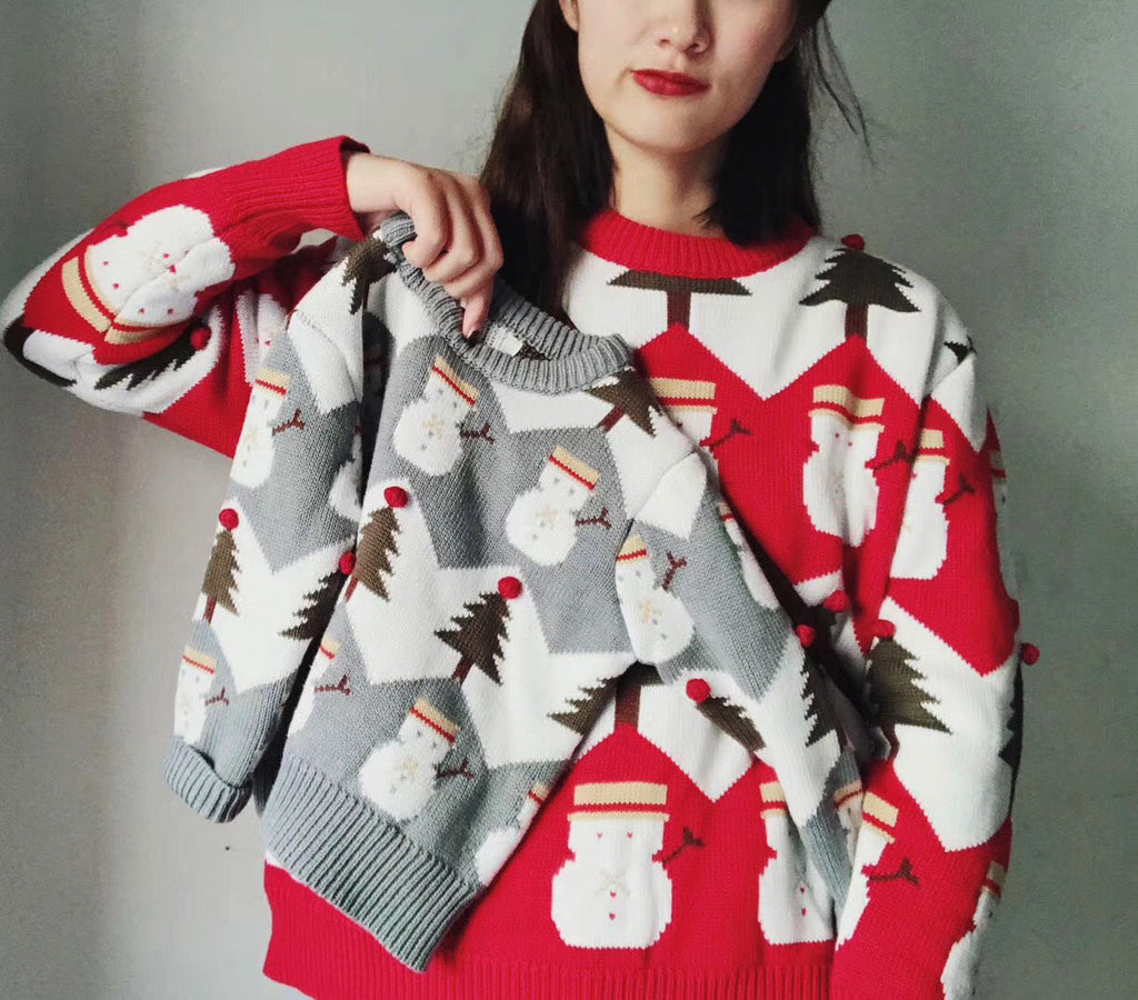 Jacquard Snowman Christmas Tree Parent-child Pullover