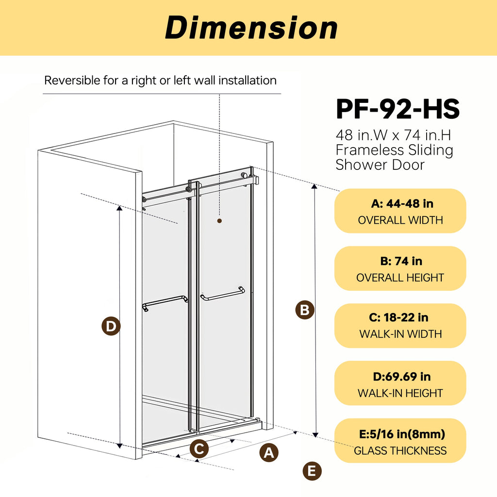 Frameless Double Sliding Shower Door 44-48" W x 74" H