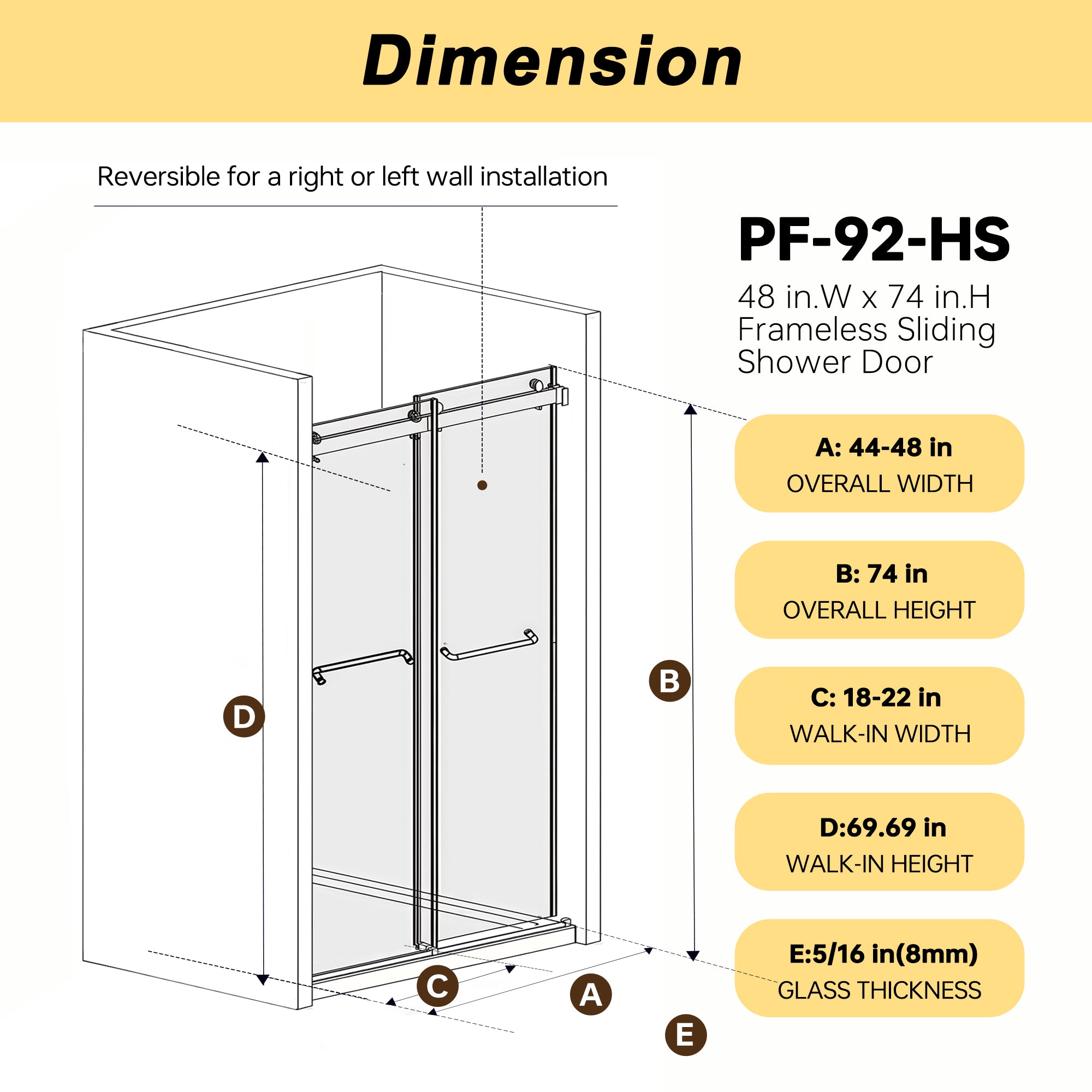 Frameless Double Sliding Shower Door 44-48" W x 74" H