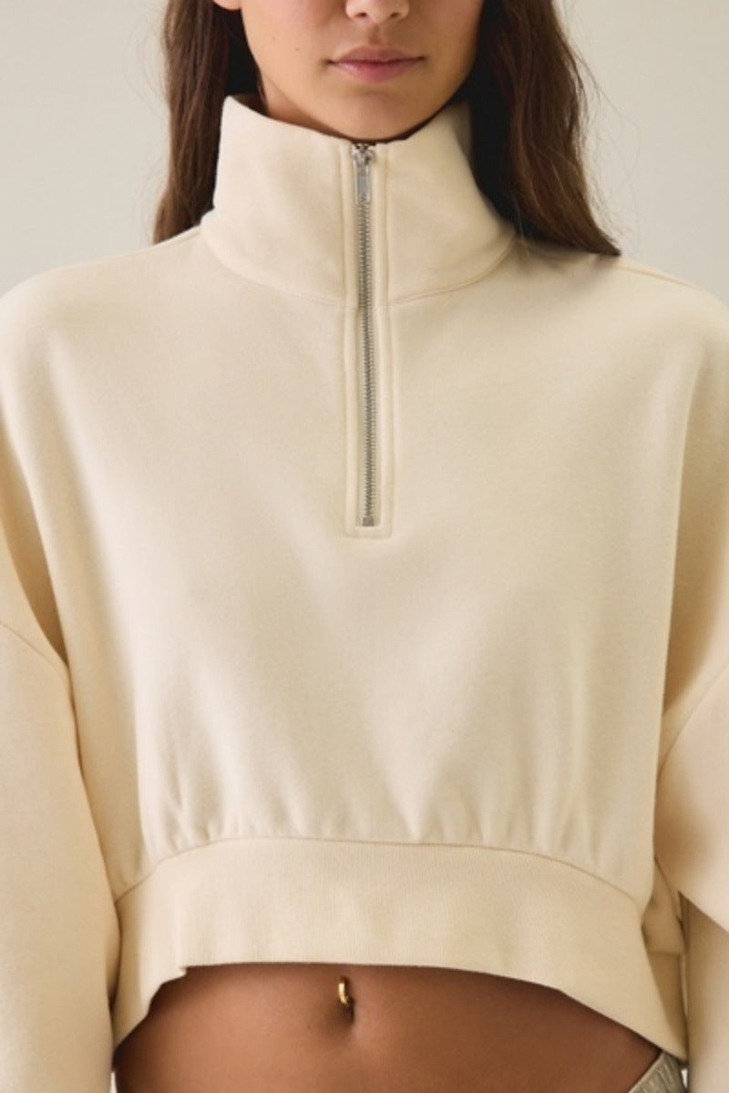 Women's Half-Zip Lapel Sweatshirt - Loose Fit Puff Sleeve Short Pullover Top Casual European Style