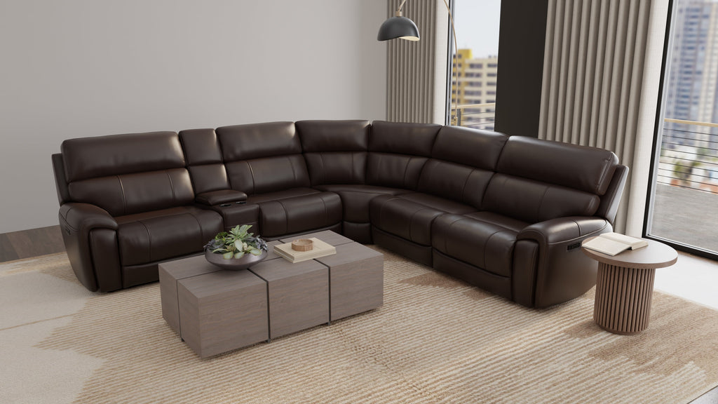 6-Piece Leather Power Sectional in Brazil Tobacco