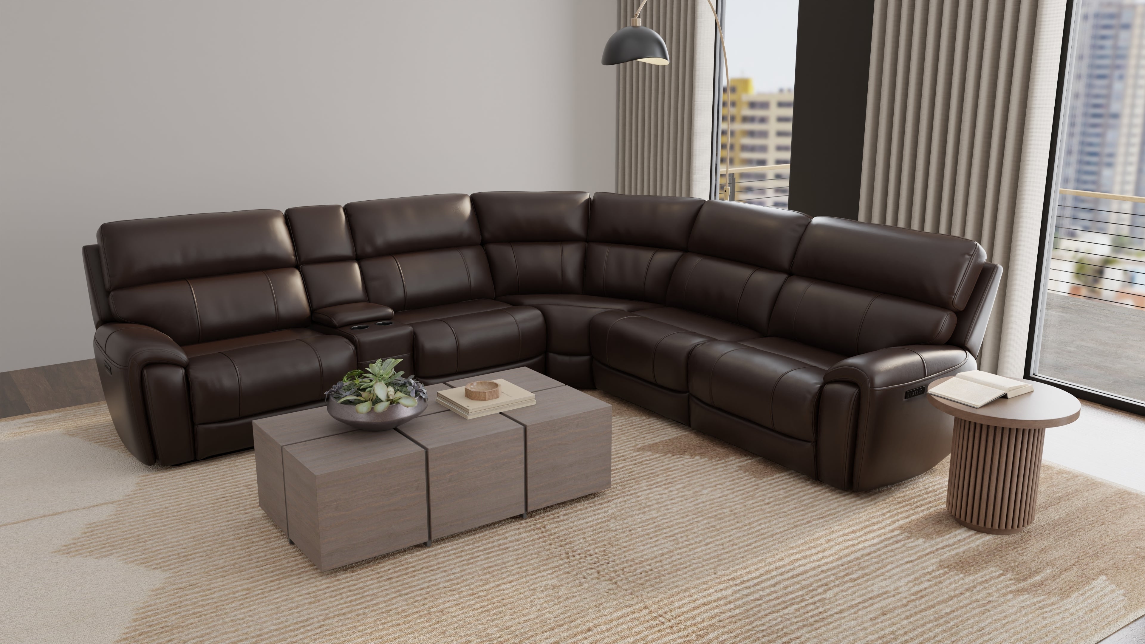6-Piece Leather Power Sectional in Brazil Tobacco