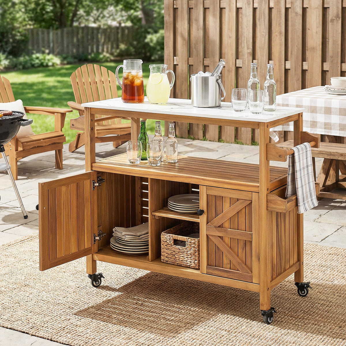 Outdoor Patio Acacia Wood Bar Cart with Marble-Effect Aluminum Top - Natural
