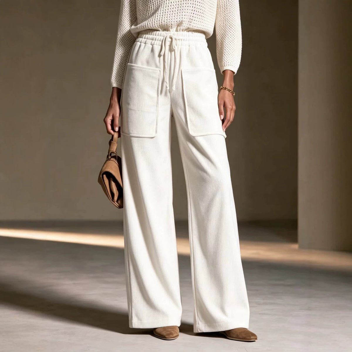 Women's High-waisted Drawstring Corduroy Wide-leg Pants