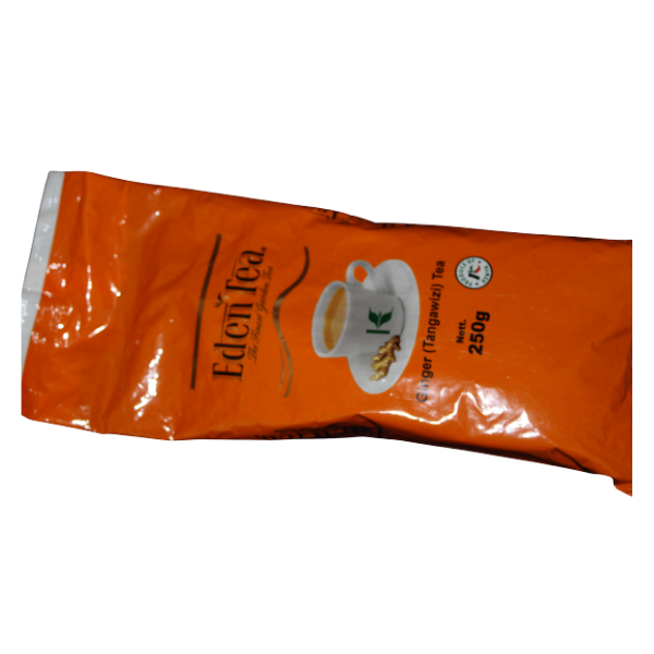 Horizontal side view of Eden Tea Ginger Tangawizi Tea package