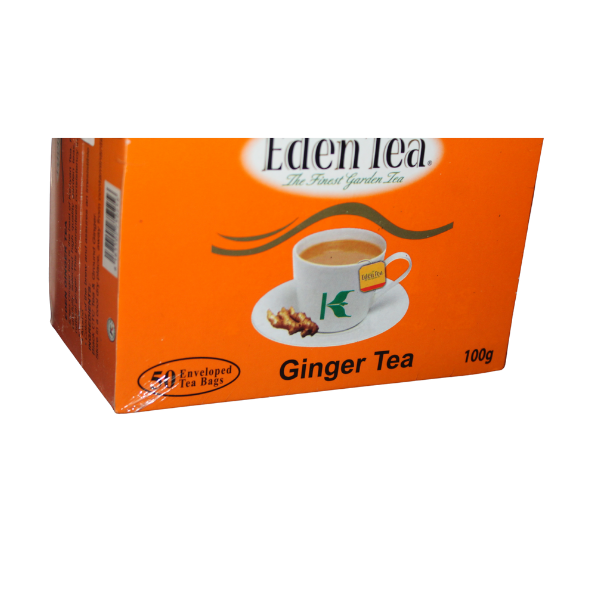 Side view of Eden Tea Ginger Tea packaging showing product branding
