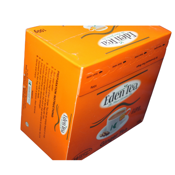 Side and top angle view of Eden Tea Ginger Tea packaging