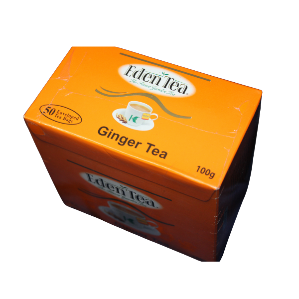 Three-quarter angle view of Eden Tea Ginger Tea box packaging
