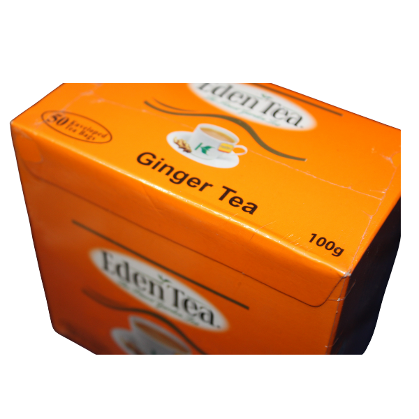 Top angle close-up of Eden Tea Ginger Tea box