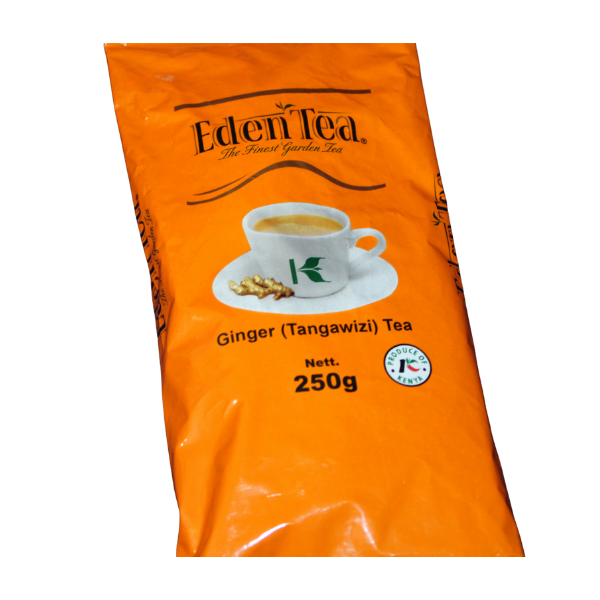 Upright front view of Eden Tea Ginger Tangawizi loose tea pack