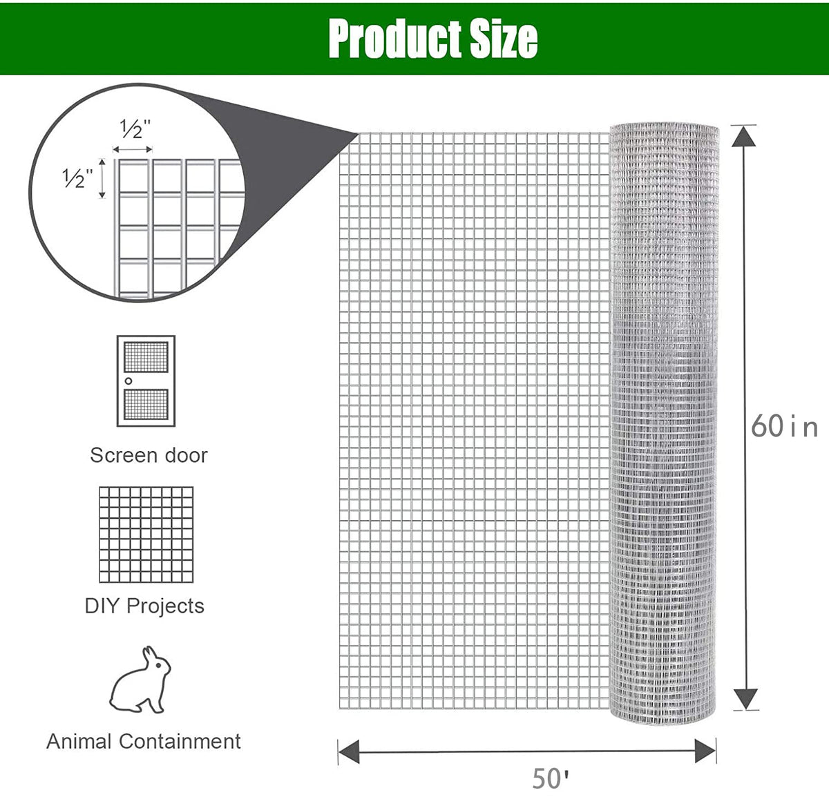 Wire Mesh Fence Roll with 1/2in Mesh - Galvanized Steel, 60in x 50ft