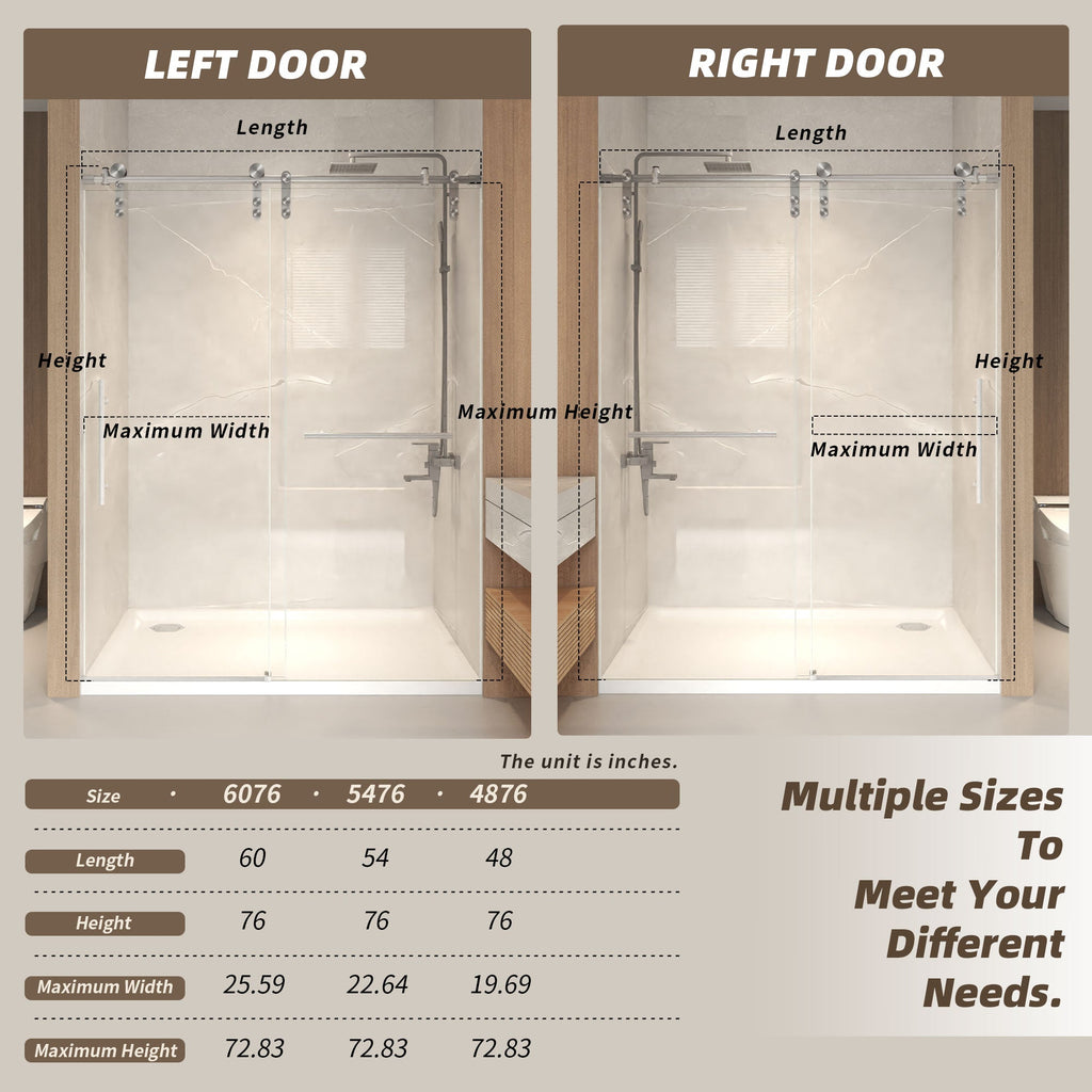 Frameless Sliding Shower Door - 56-60" x 76" H