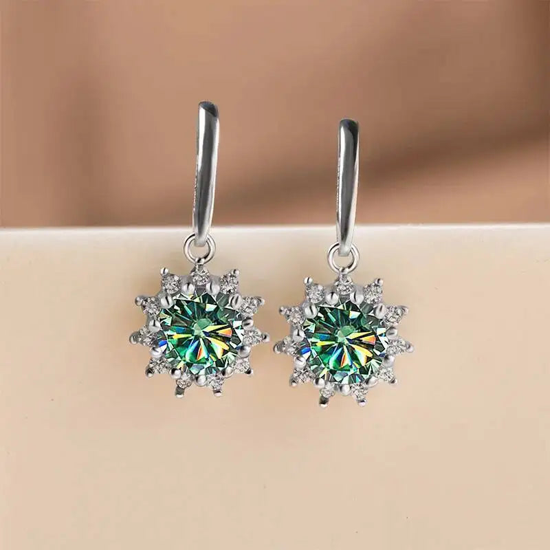 Colorful Sunburst Moissanite Drop Earrings in Sterling Silver