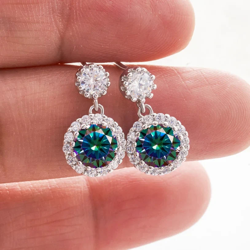 Colored Round Halo Moissanite Drop Earrings in Silver
