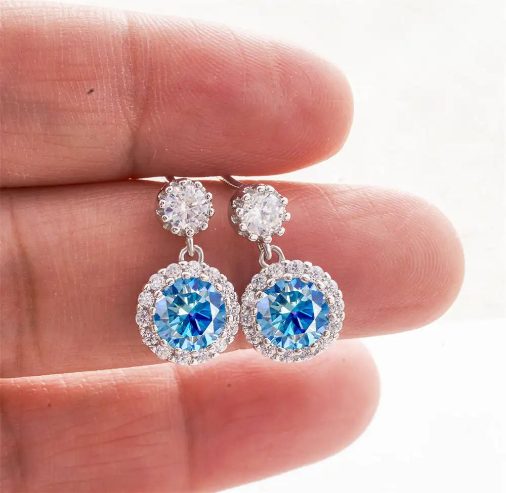 Moissanite Halo Drop Earrings in 925 Sterling Silver