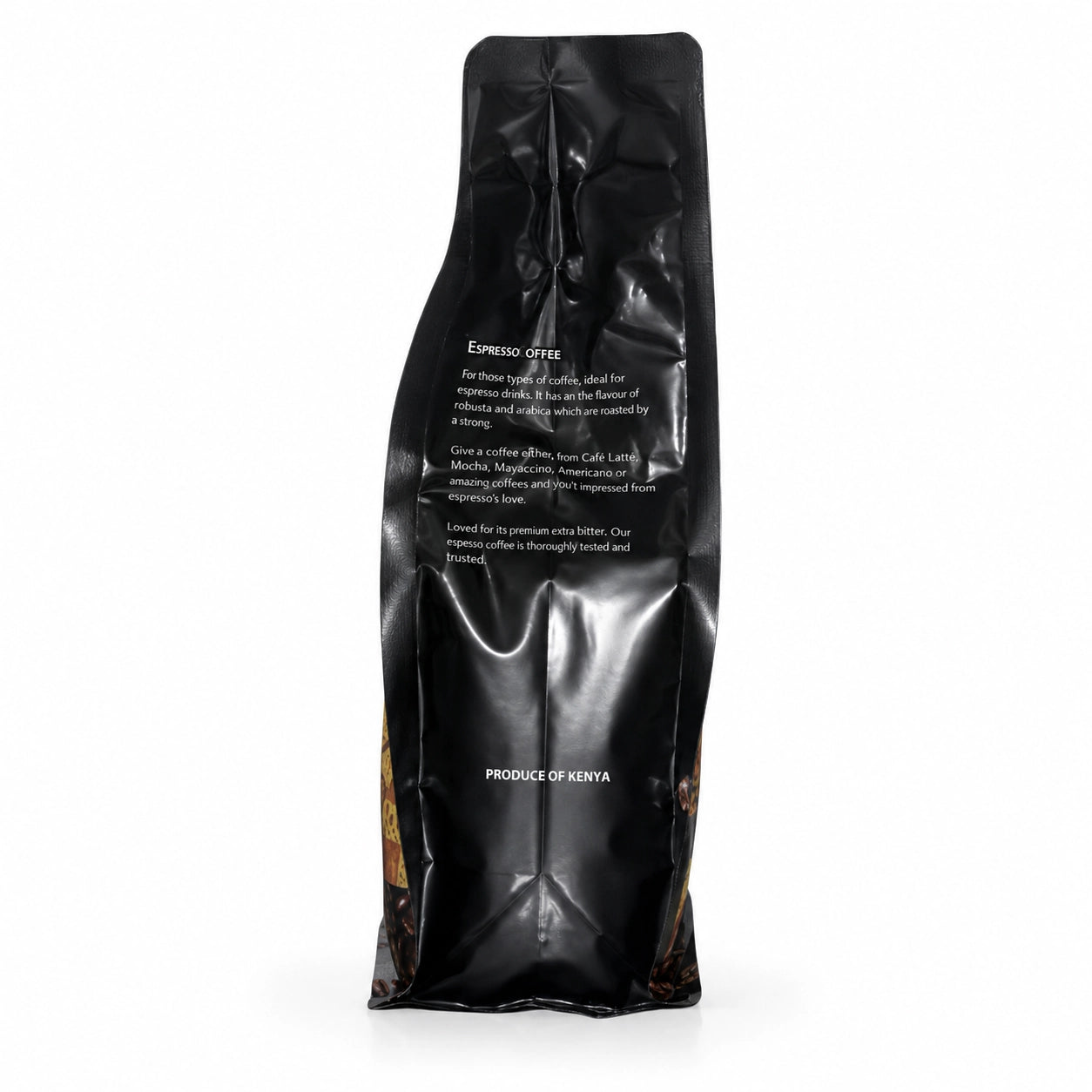 Espresso Coffee Kenya whole bean coffee packaging in a premium black stand-up pouch, shown from the rear with the white “ESPRESSO COFFEE” label and product description visible. The package describes coffee made from a Robusta and Arabica blend, suitable for espresso drinks including Café Latte, Mocha, Macchiato and Americano, with a strong roasted flavor and extra-bitter profile. The glossy black packaging has realistic folds and reflections, coffee bean graphics along the lower sides, and “PRODUCE OF KENYA