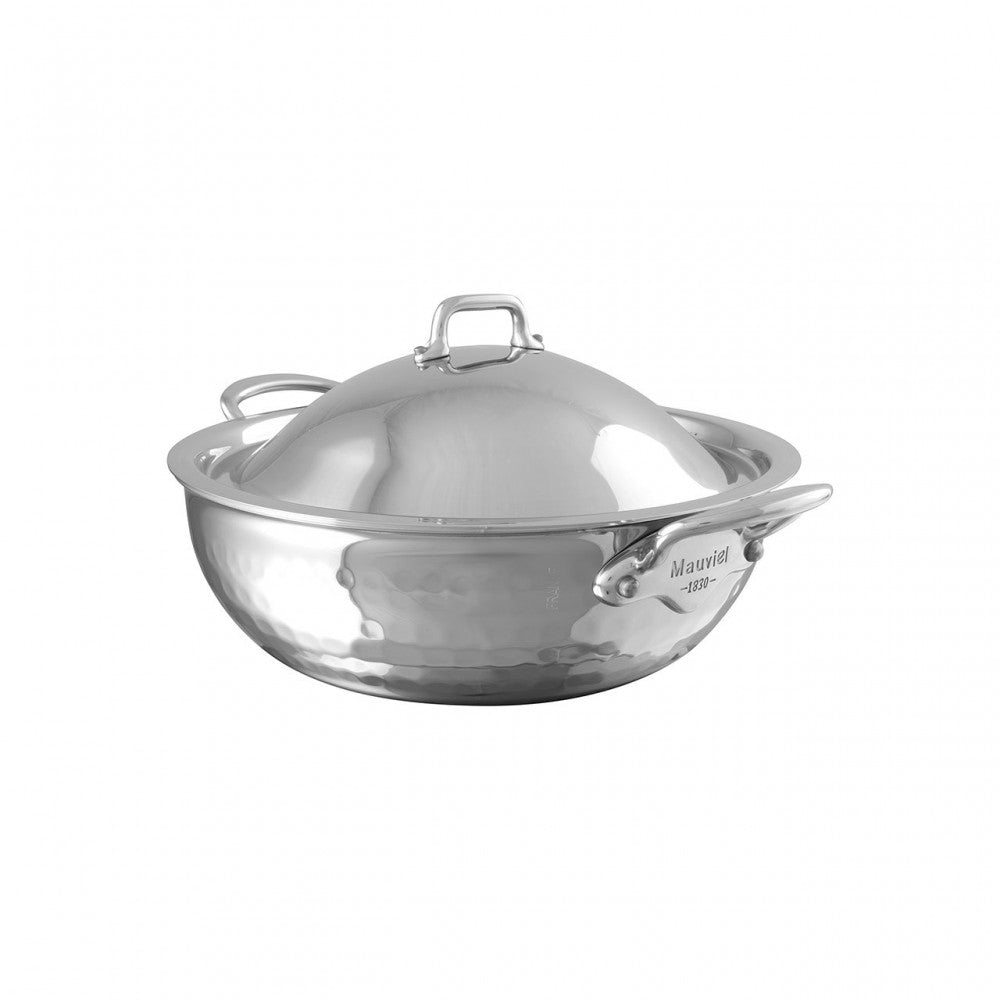 Mauviel 1830 M'ELITE Hammered 5-Ply Curved Splayed Saute Pan With Dome Lid, Cast Stainless Steel Handles