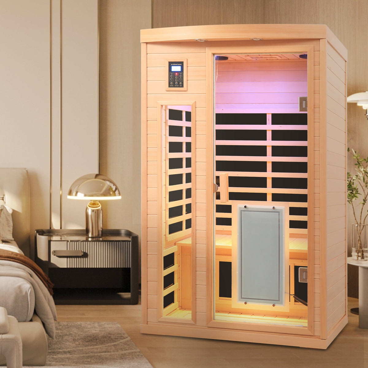 Low EMF Hemlock Wood Far-Infrared Two-Person Sauna Room with Bluetooth – Natural Finish