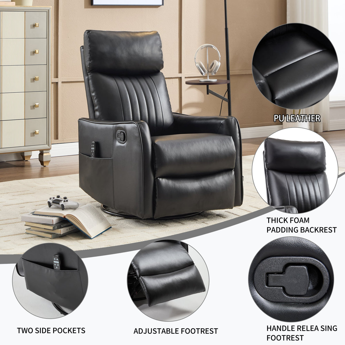 Black Faux Leather Recliner Chair with Heat & Massage - Manual Recliner