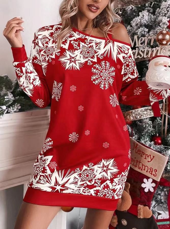 Christmas Snowflake Print Long Sleeve Sloping Shoulder Dress Women