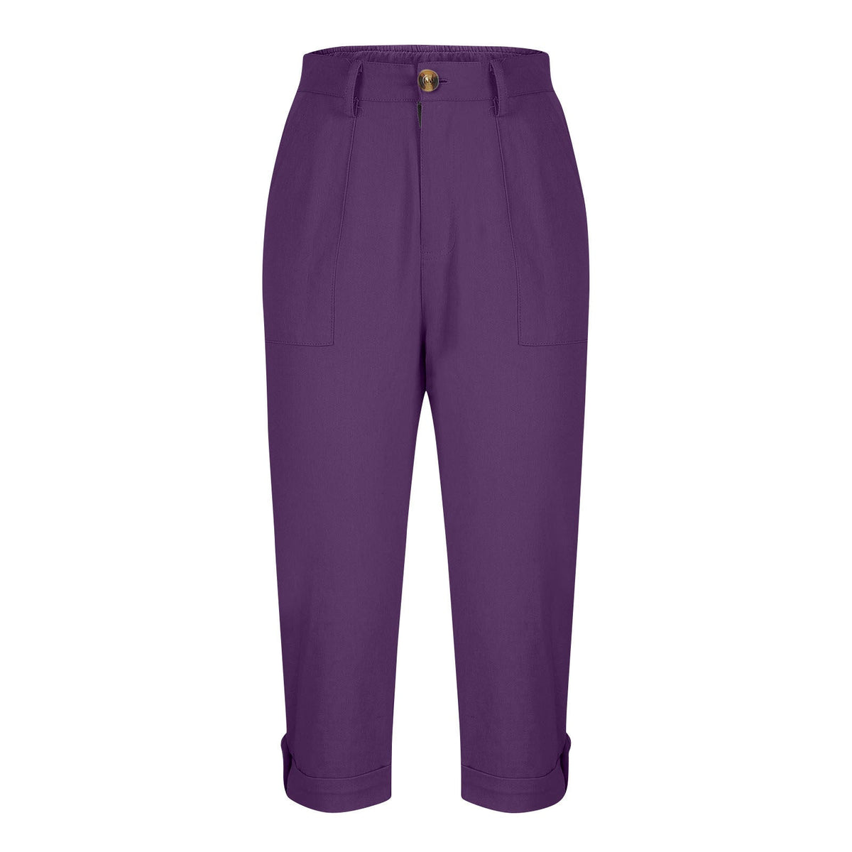 Cross-border Women's Solid Color Workwear Pants Waist Button Pants Ear Design Pants Leg Curled Women's Cropped Pants