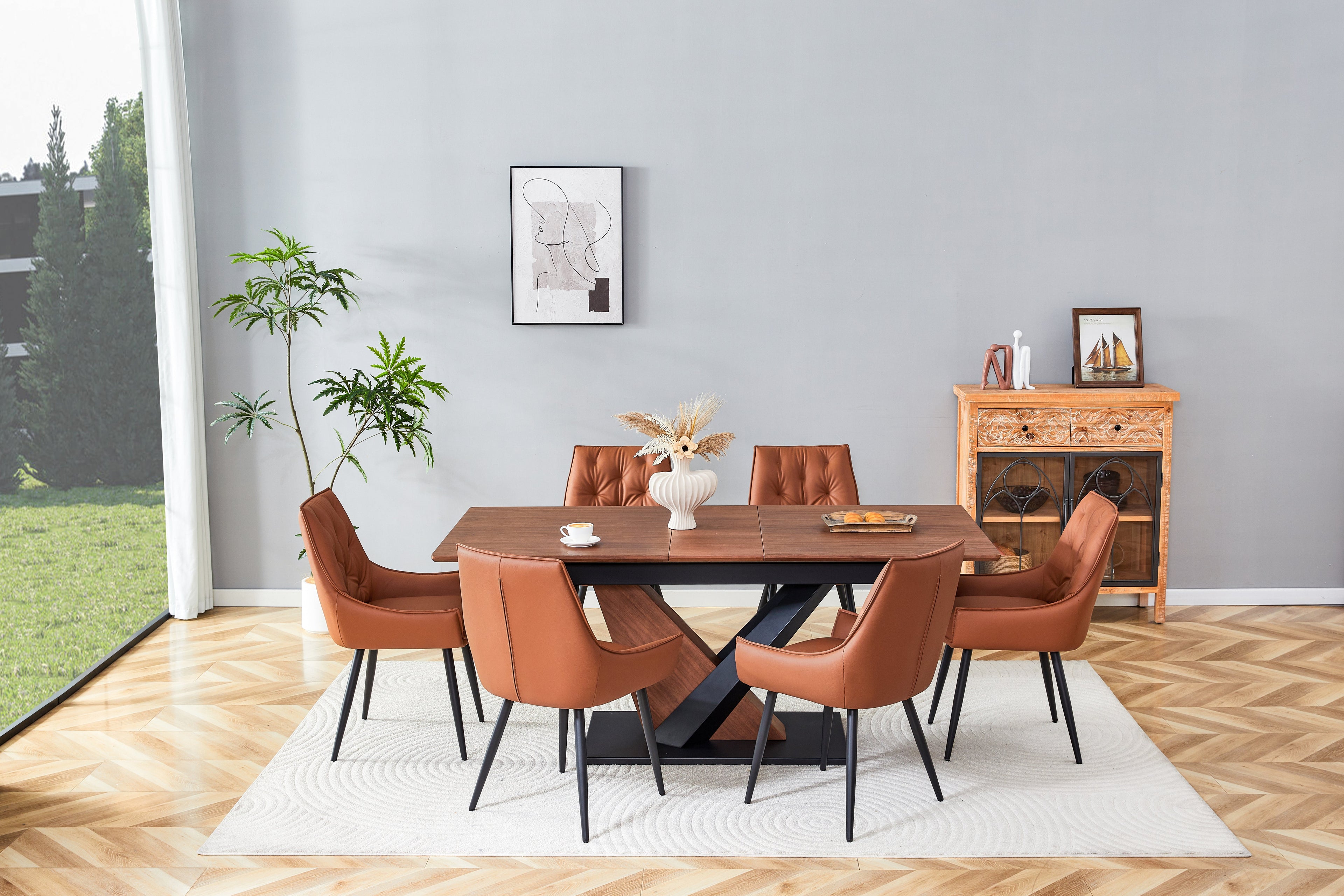 Modern Dining Table with MDF + Solid Wood Veneer Tabletop