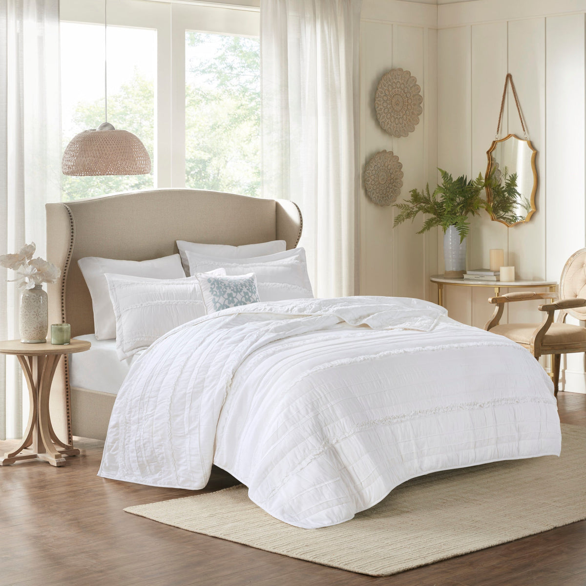 4 Piece Reversible Ruffle Quilt Set with Throw Pillow