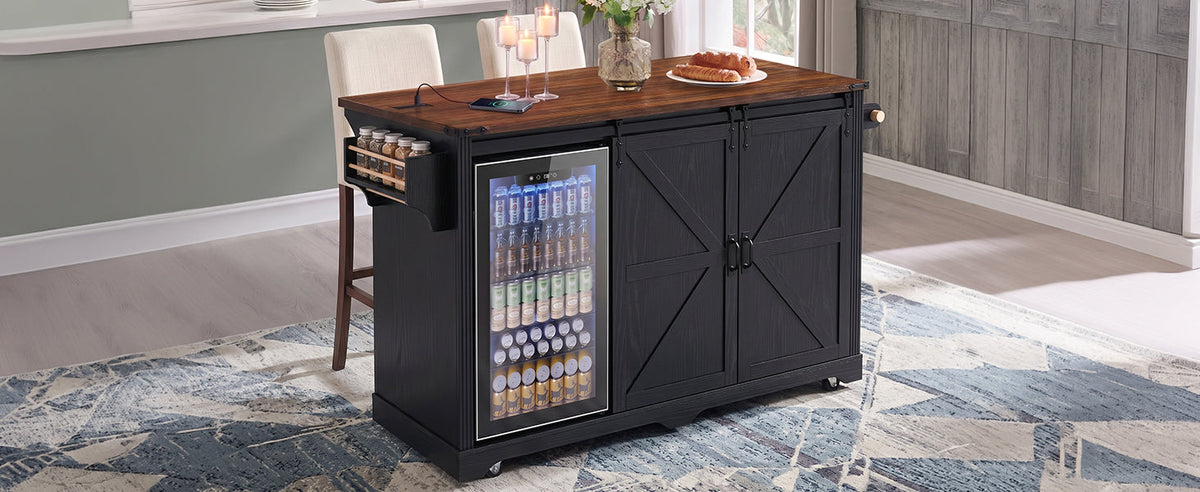 72" Farmhouse Kitchen Island with Fridge Storage & Power Outlet - Black