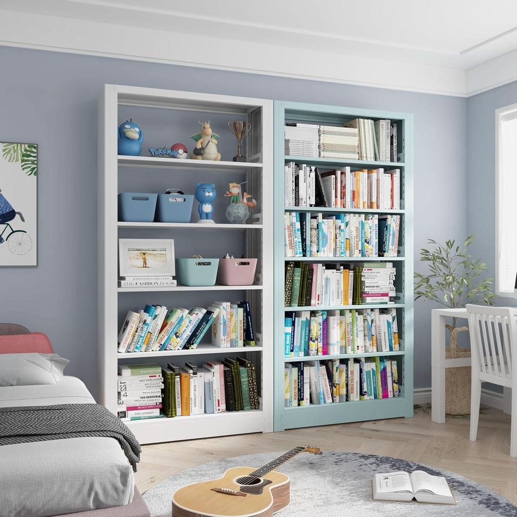 5-Tier White Metal Bookshelf With Adjustable Shelves