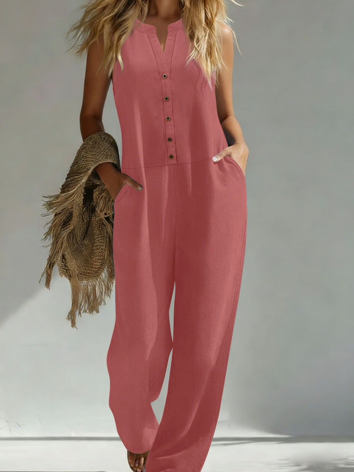 EBay Amazon European And American Cross-border Spring-summer Solid Color Wide-leg Jumpsuit Casual Loose V-neck Buttoned Jumpsuit For Women