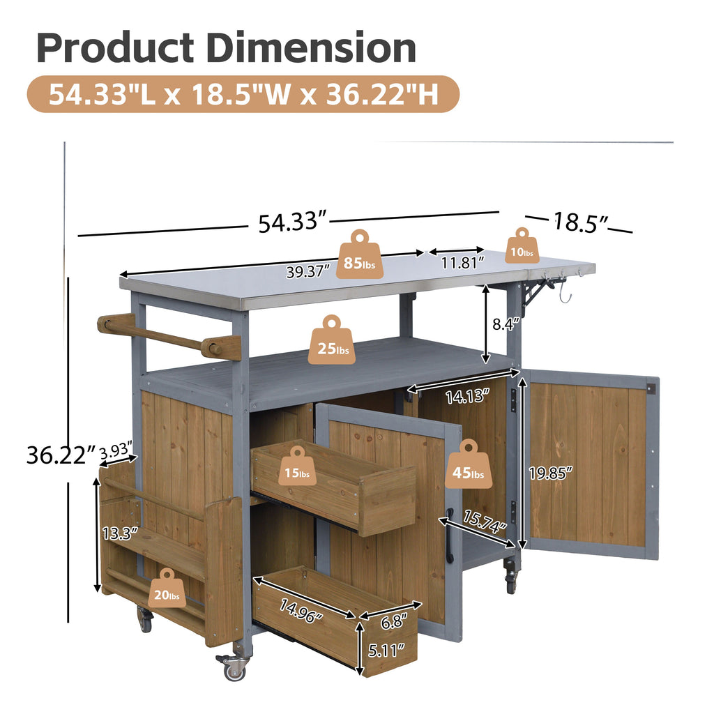 Farmhouse Rolling Outdoor Kitchen Cart with Stainless Steel Top - Blue Gray & Walnut