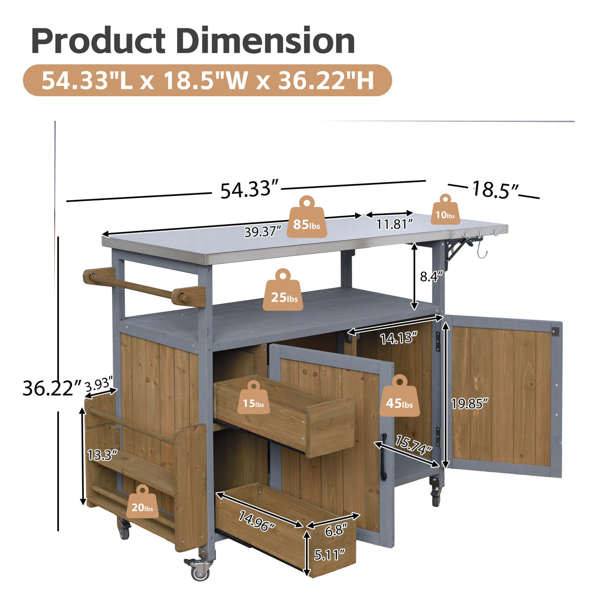 Farmhouse Rolling Outdoor Kitchen Cart with Stainless Steel Top - Blue Gray & Walnut