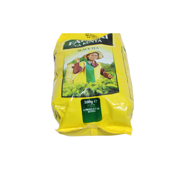 Full front standing view of Fahari Ya Kenya loose leaf black tea pack