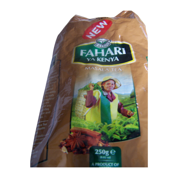 Fahari Ya Kenya Masala Tea 250g front angle package with Kenyan chai branding