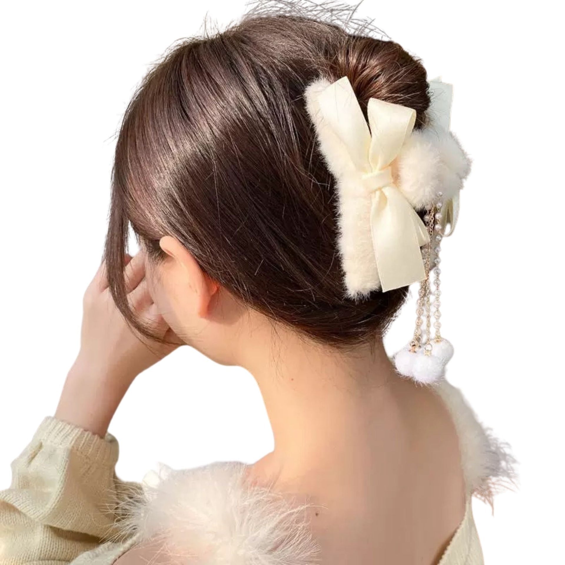 Faux Fur Bow Hair Claw Clips 2 Pack Pearl Dangle Tassel