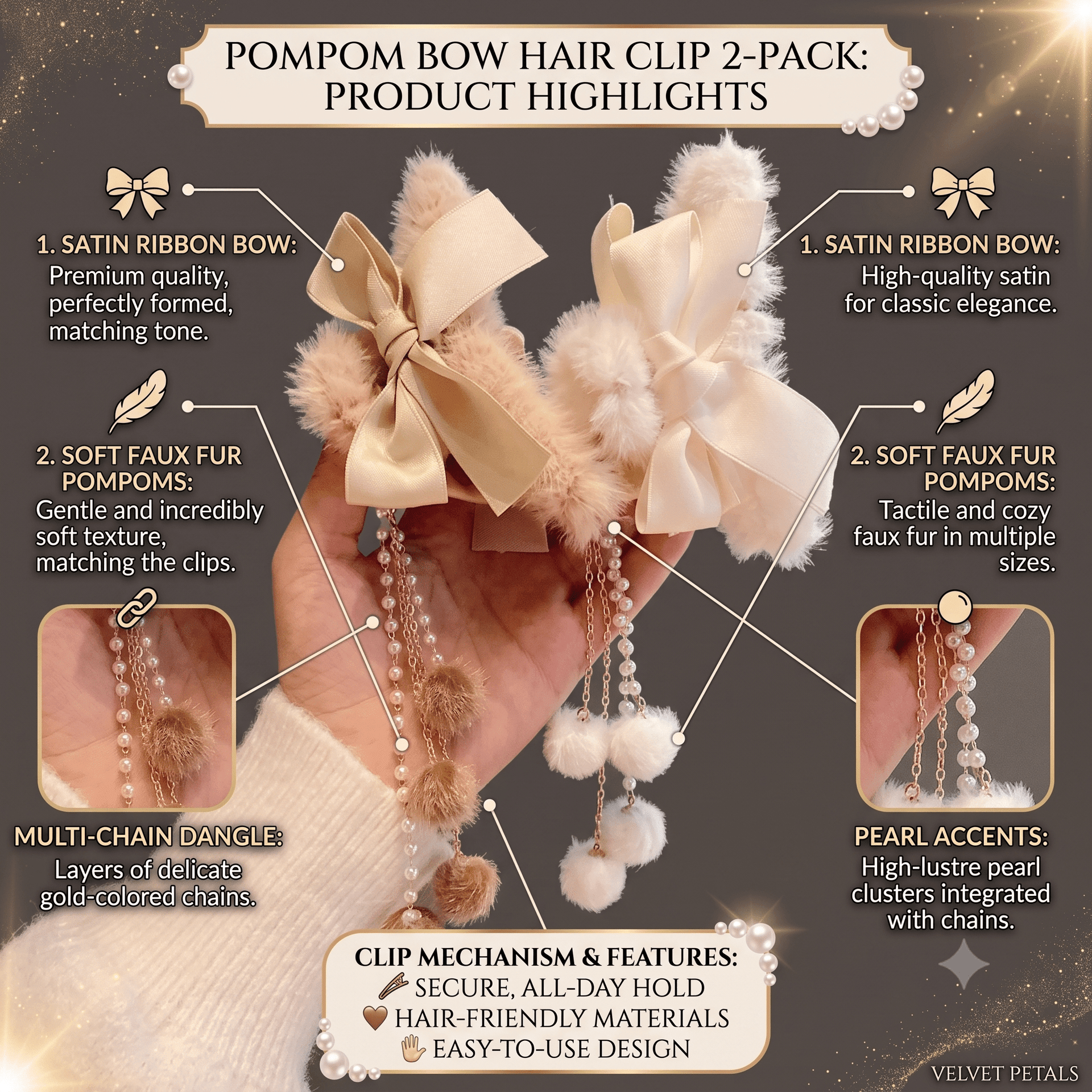 Faux Fur Bow Hair Claw Clips 2 Pack Pearl Dangle Tassel