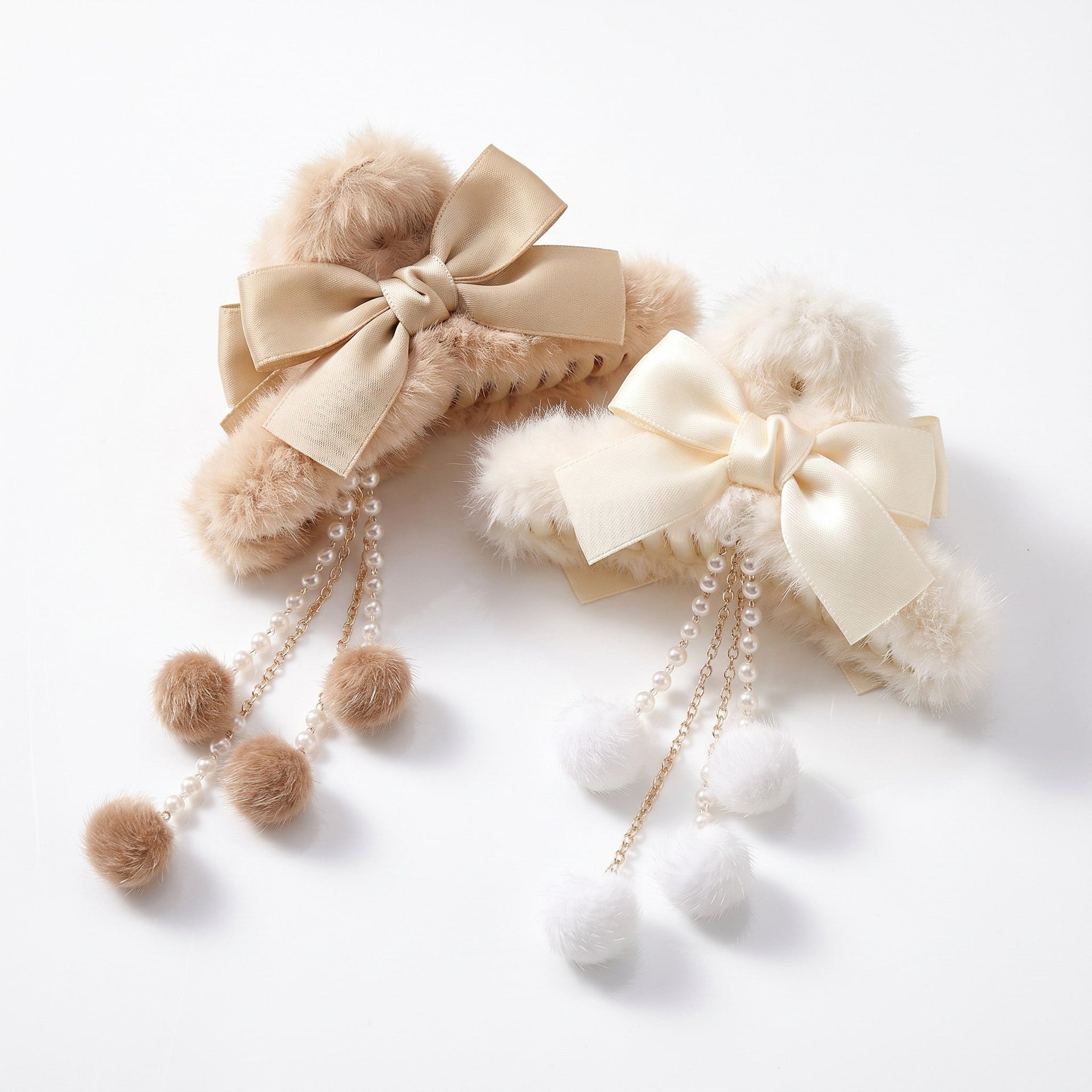 Faux Fur Bow Hair Claw Clips 2 Pack Pearl Dangle Tassel