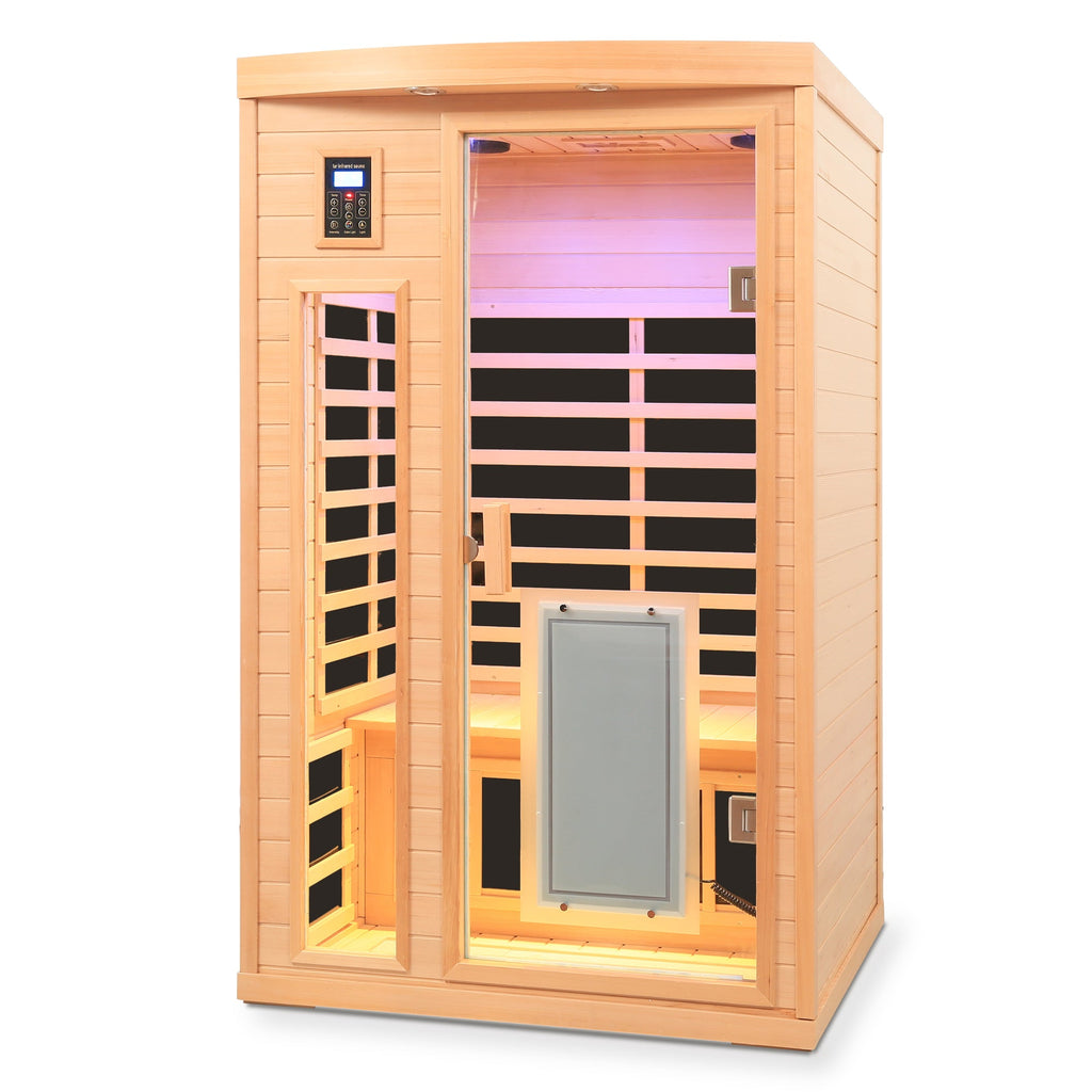 Low EMF Hemlock Wood Far-Infrared Two-Person Sauna Room with Bluetooth – Natural Finish