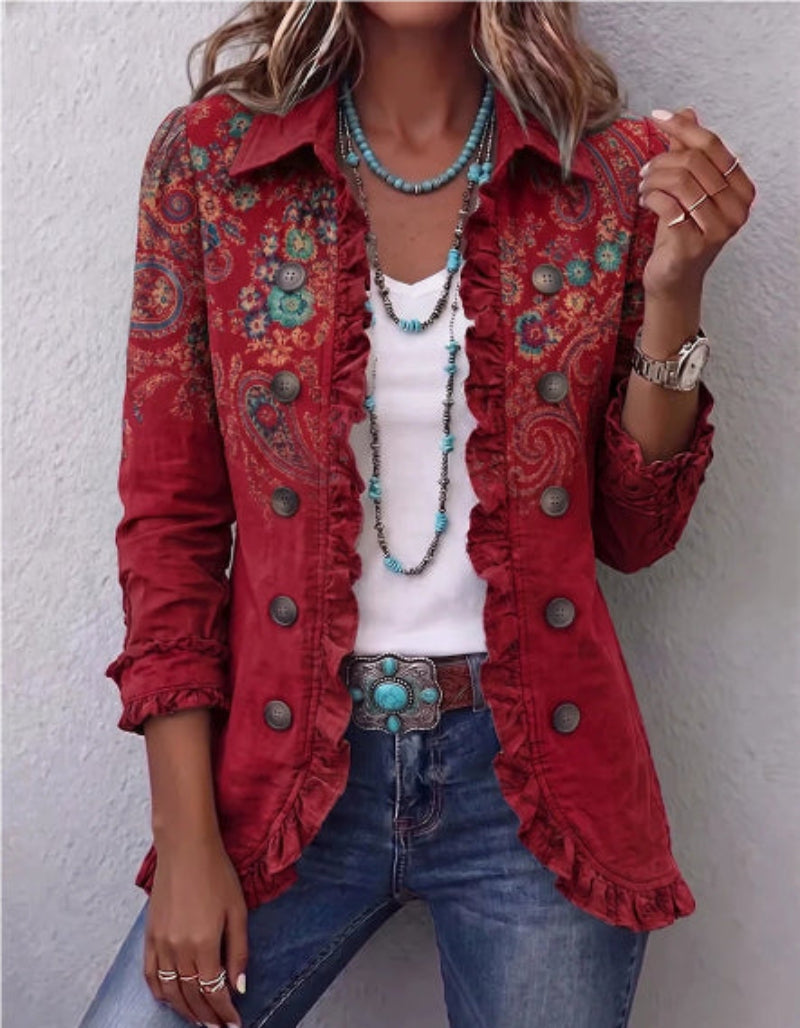 Floral Embroidered Ruffle Trim Double-Breasted Boho Cardigans
