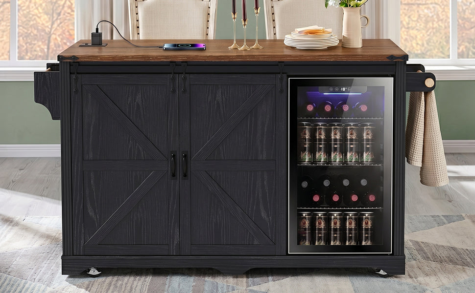 72" Farmhouse Kitchen Island with Fridge Storage & Power Outlet - Black