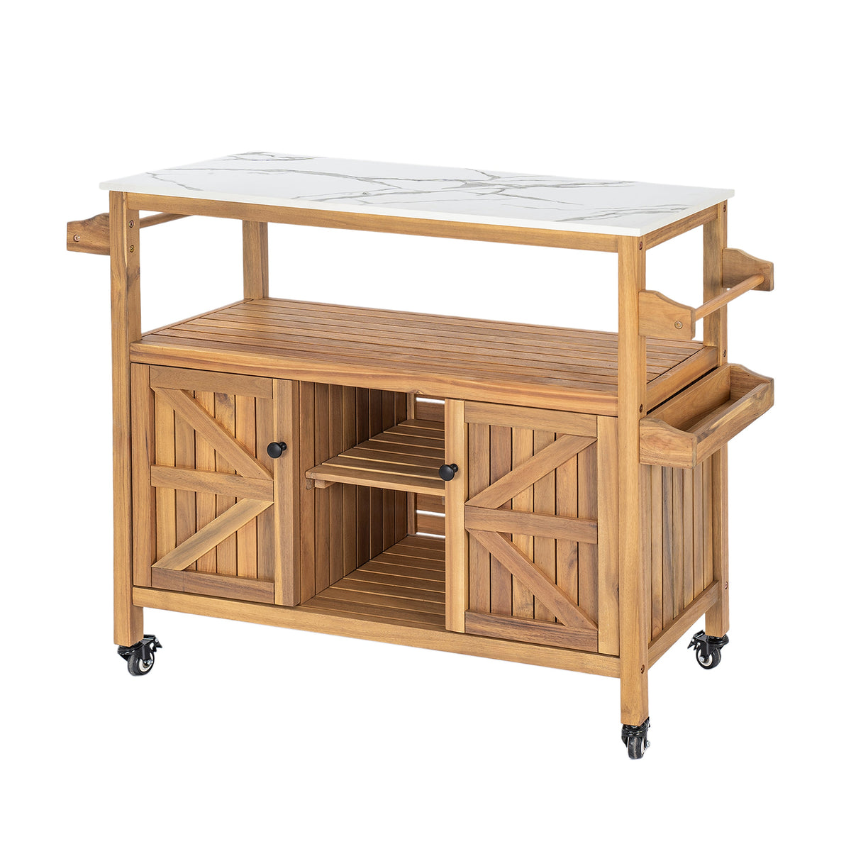 Outdoor Patio Acacia Wood Bar Cart with Marble-Effect Aluminum Top - Natural