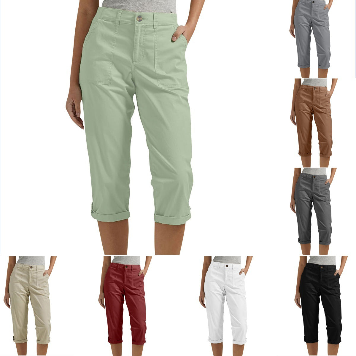 Cross-border Women's Solid Color Workwear Pants Waist Button Pants Ear Design Pants Leg Curled Women's Cropped Pants