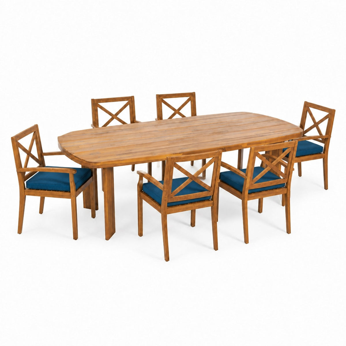 7‑Piece Acacia Wood Outdoor Dining Set, 71" Oval Teak‑Finish Wooden Table & 6 Arm Chairs with