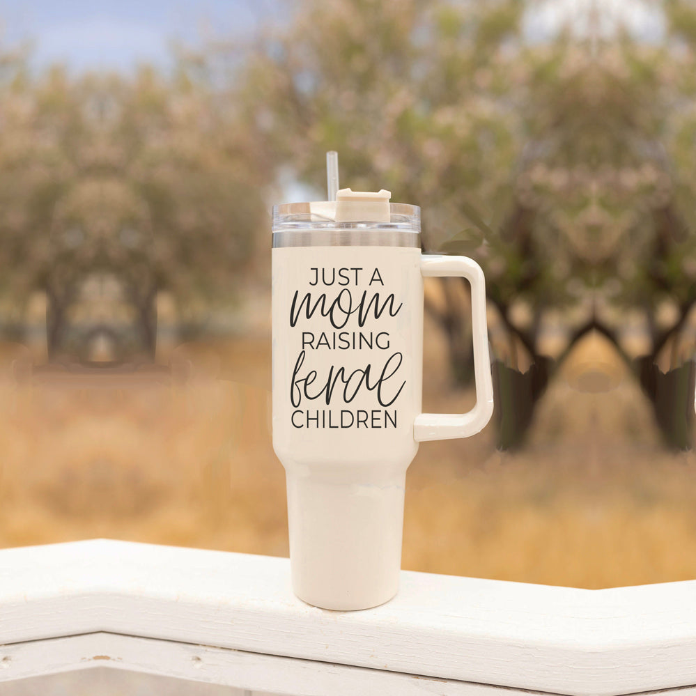 Just A Mom Raising Feral Children 40oz Insulated Travel Tumbler With Handle Stainless Steel