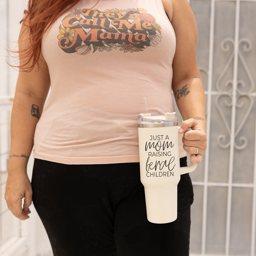 Just A Mom Raising Feral Children 40oz Insulated Travel Tumbler With Handle Stainless Steel