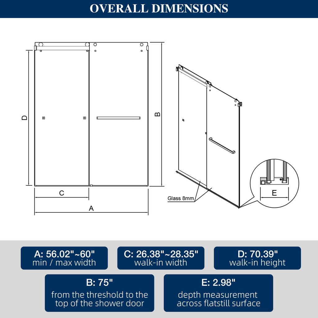 60"W x 75"H Double-Sliding Shower Door Matte