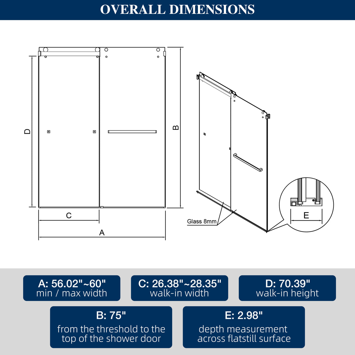 60"W x 75"H Double-Sliding Shower Door Matte